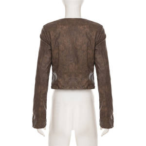 Autunno nuova moda cappotto Patchwork <span class=keywords><strong>in</strong></span> <span class=keywords><strong>pelle</strong></span> con perline da <span class=keywords><strong>donna</strong></span> con cerniera profonda con scollo a V a manica lunga <span class=keywords><strong>giacca</strong></span> Crop - Product Image 6