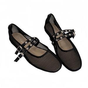 Zapatos de mujer de talla grande, transpirables, con suela blanda, parte superior de malla con doble cierre, zapatos de ballet con punta abierta para mujer. - Product Image 4