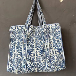 Bolso Tote Acolchado de Algodón, Tela Natural, Estampado Floral a Mano, Estampado Indio, Bolso de Hombro para Viajes y Compras - Product Image 1