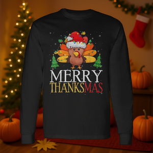 Merry Thanksmas <b>Turkey</b> Santa <b>Hat</b> Long Sleeve T-Shirt Unisex Crew Neck Adult Christmas Thanksgiving Holiday Shirt - Product Image 2