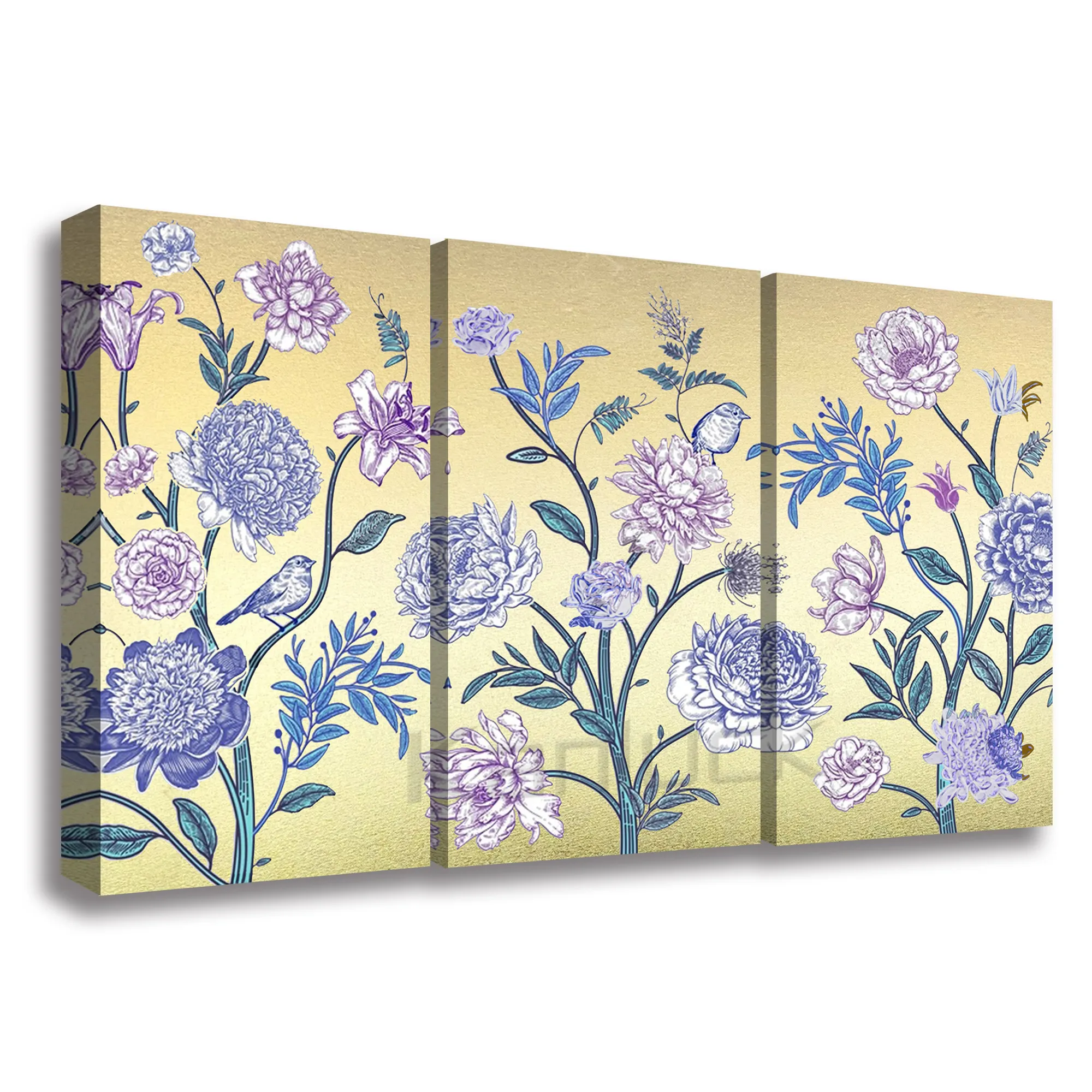 3 Panels moderne blaue und rosa Blume Leinwand Malerei Kunst mit großer Goldfolie für Hotel