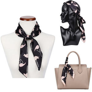 Écharpe en soie noire imprimée <span class=keywords><strong>flamant</strong></span> rose pour femme, ruban de luxe pour poignée de sac, motif oiseau, cravate, accessoire pour cheveux - Product Image 1