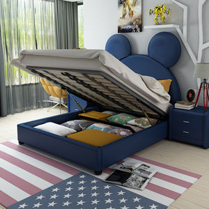 سرير أطفال عصري وأنيق من الجلد والخشب بتصميم ميكي الكرتوني، أثاث غرفة نوم مبطن للاستخدام في المدارس والشقق - Product Image 3