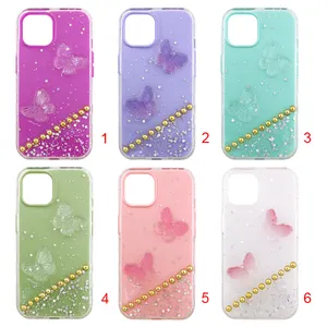 Solid Color Three-In-One Glue + Electroplated Solid Color Butterfly Accessories Cell Phone Case for iPhone Samsung Oppo