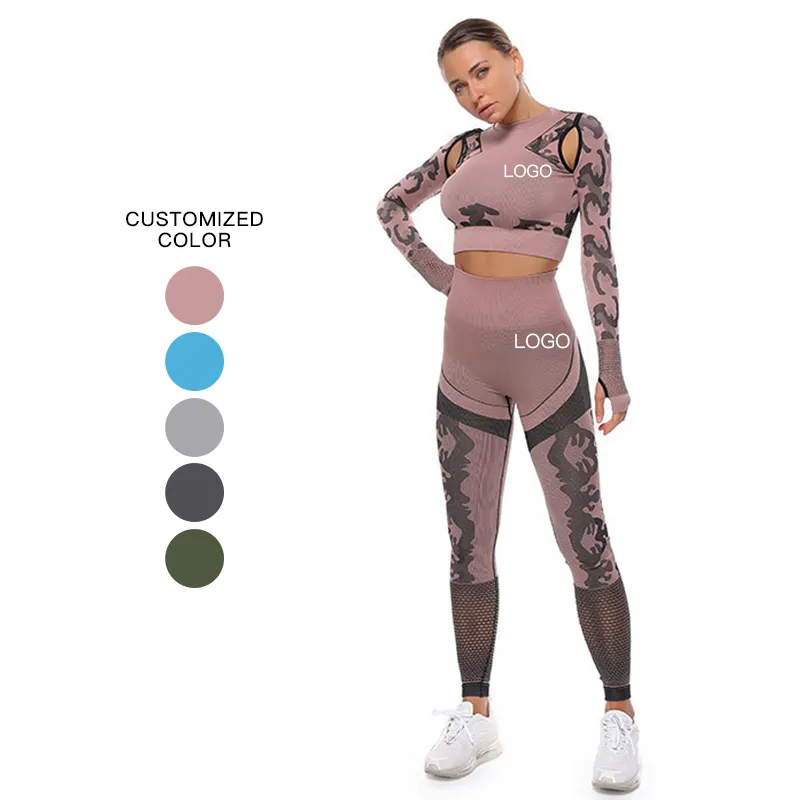 Conjuntos de yoga de manga larga sin costuras para mujer, ropa deportiva de color, 5 colores, muestra gratis, 2020