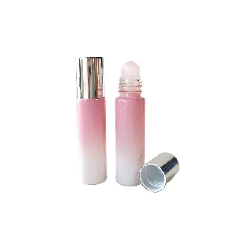 Gradient color essential oils roll on bottles 10ml white-pink glossy glass bottles with rose quartz roller perfume bottle