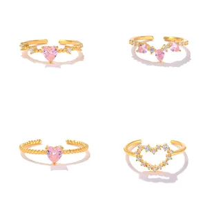 Dainty 2024 summer hot 925 sterling silver fashion jewelry 18k gold heart shape pink diamond adjustable rings for women