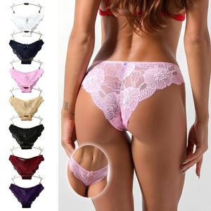 Culottes en dentelle florale pour femmes, avec nœud décoratif, transparentes, taille mi-haute, sexy, lingerie unie, sous-vêtements respirants pour femmes - Product Image 1