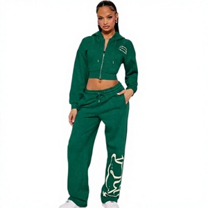 Conjunto Deportivo de 2 Piezas para Mujer, Sudadera con Capucha Verde de Forro Polar con Cierre y Pantalones Jogger con Cordón, Corte Holgado Informal, Forro Térmico, Diseño con Letras - Product Image 1