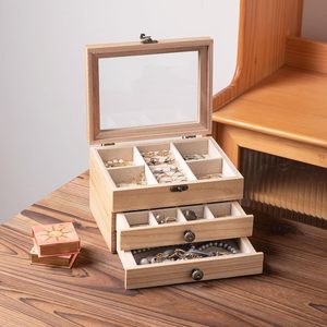 Boîte à bijoux/boîte de rangement à trois niveaux, en bois avec couvercle transparent, idéale pour organiser bracelets, broches, montres. - Product Image 1