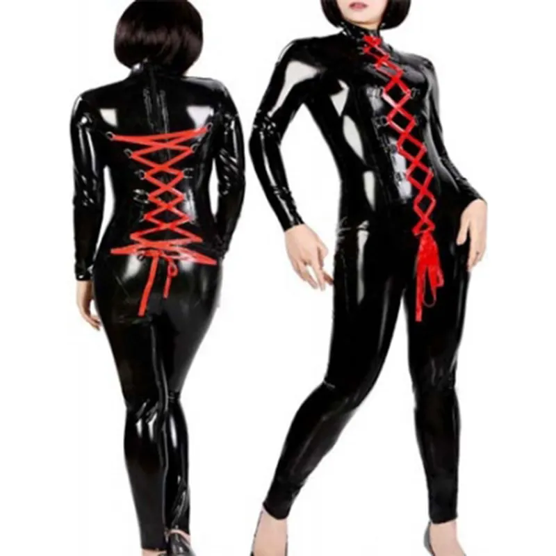Siyah PVC Deri catsuit sey deri kostümleri bağcıklı Parlak islak bak catsuit