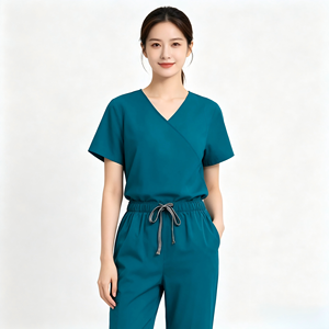 Medische scrubsets Effenkleurige scrubsets V-hals gekruiste bovenkant Elastische taillebroek voor verpleegkundigen en artsen 42186 - Product Image 5