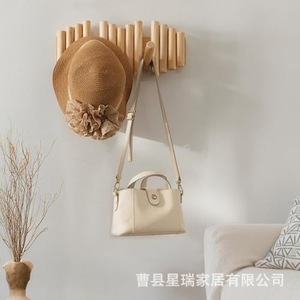 Perchero de pared de madera de color natural, organizador multifuncional para entrada con ganchos - Product Image 3