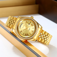 Nuevo Reloj de Pulsera Personalizado para Hombre, con Fecha Grande, Diamantes Dorados, Números Romanos Simples, Cristal, Cuarzo, Correa de Acero Inoxidable, Resistente al Agua 3 ATM
