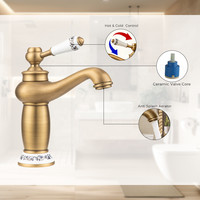 Robinet de salle de bain de style vintage en laiton massif, mitigeur de lavabo rotatif à 360 degrés, robinet d'évier classique avec poignée en porcelaine pour hôtel