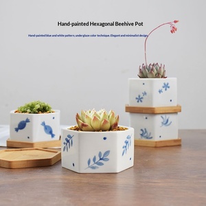 Ensemble de pots à fleurs <span class=keywords><strong>en</strong></span> céramique respirants et résistants à la corrosion, style chinois, motif floral bleu peint à la main, pour plantes succulentes, vert - Product Image 2