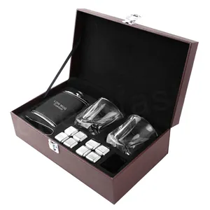 Newest Design Whiskey Brown Box Cooling Stones Pu Leather Gift Set Leather Box Whiskey Chilling Stones Set