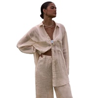 Nouvel ensemble deux pièces en coton et lin uni pour l'été 2023 – Chemise à manches longues et pantalon décontracté pour femme, style européen et américain, idéal pour le commerce international.