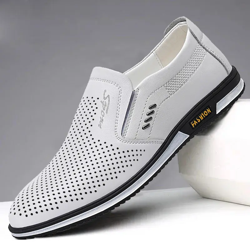 Wholesale Cheap Men'S Breathable British Leather Shoes White Perforated Leather Dress Shoes Slip-On Summer Formal Shoes For Men
