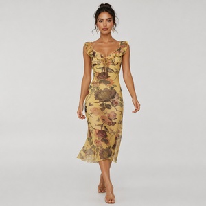Robe longue en maille à imprimé floral et blocs de couleur avec volants, taille naturelle, extensible, décontractée, pour l'été et les vacances à la plage - Product Image 1