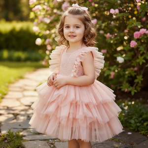 Abito Estivo Hongbo per Bambina 0-5 Anni, <span class=keywords><strong>Vestito</strong></span> da Principessa con Maniche a Volant per Compleanno, Abito in Pizzo e Tulle per Bambine - Product Image 1