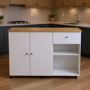 Îlot de cuisine Indiana Kitchen en chêne clair avec roulettes, 1 tiroir, 1 étagère, design moderne - Product Image 2