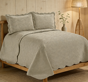 Elegant <strong>Taupe</strong> Embossed Geometric Weave Quilted 100% Polyester Bedspread Set Ultra Soft Coverlet Scalloped Edge Matching Pillow - Product Image 6