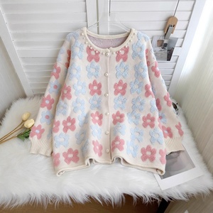 Cardigã Feminino Estilo Coreano com Bordado Grosso e Flores Tridimensionais, Novo para Outono 2025, Tamanho Grande, Solto, Macio e com Botões - Product Image 1
