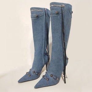 Women Denim Knee High <b>Boots</b> Metal Decor Thin Heels Long Booties High-Heeled Ladies Blue Stiletto Pumps Shoes - Product Image 4
