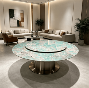 Table à manger ronde de luxe en marbre vert avec plateau tournant Lazy Susan, design moderne, base en métal, mobilier de maison, 4 places, garantie 1 an - Product Image 3