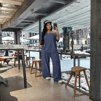 Ensemble 2 pièces tricoté pour femme, col bateau, t-shirt ample à manches courtes et pantalon large longueur cheville, tenue décontractée respirante