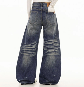 Vaqueros de mezclilla vintage lavados de tiro medio con textura efecto bigotes de gato, diseño de salpicaduras de tinta, para hombre y <span class=keywords><strong>mujer</strong></span>, otoño/<span class=keywords><strong>invierno</strong></span>/primavera/verano, de secado rápido. - Product Image 2