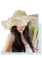 Sombrero de Paja con Encaje Japonés para Mujer, de Ala Ancha, para Verano, que Estiliza el Rostro, para Vacaciones en la Playa, con Protección UV