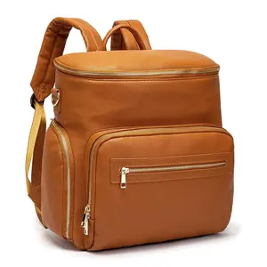 Bolsa de viaje de cuero con logotipo personalizado y funda para portátil con cambiador, pañal de maternidad, mochila para pañales de mamá