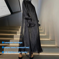 Abaya-robe musulmane en Satin et mousseline de soie, vêtements pour femmes, style musulman de prière modeste, col rond, manches longues, noir, pour fête de Ramadan, dubaï