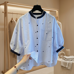 เสื้อเชิ้ตผ้าฝ้ายทรงหลวมสำหรับผู้หญิงพร้อมปกแมนดารินแขนสามส่วนลายจุดลำลองสำหรับฤดูใบไม้ผลิและฤดูร้อน - Product Image 3