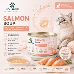 NOURPAW <span class=keywords><strong>Soupe</strong></span> de Saumon pour <span class=keywords><strong>Chat</strong></span>, Aliment Humide Riche en Oméga-3, Hydratation, Soin de la Peau et du Pelage, <span class=keywords><strong>Soupe</strong></span> Naturelle Fonctionnelle pour <span class=keywords><strong>Chat</strong></span>, Friandise OEM ODM - Product Image 1
