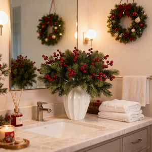 Ramo de Navidad artificial Guanyi con pino, ciprés, bayas rojas y adornos de poinsettia para decoración navideña del hogar. - Product Image 2