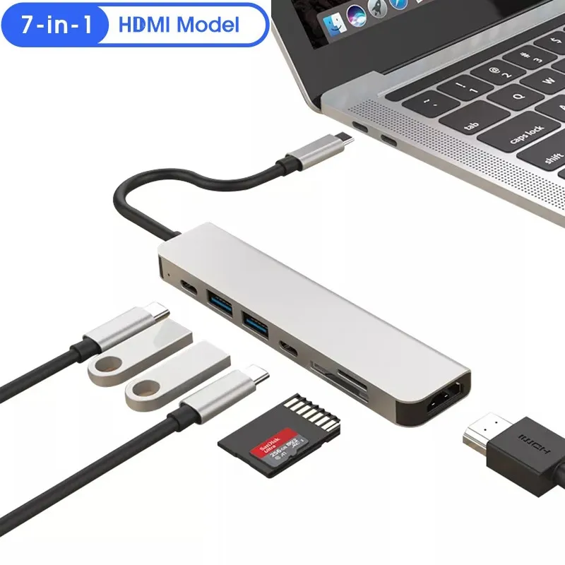 7 in USB-Cハブアダプター4K60hzコンバーターイーサネット3.0USB C 7 IN1ハブUSB充電ステーションドッキング