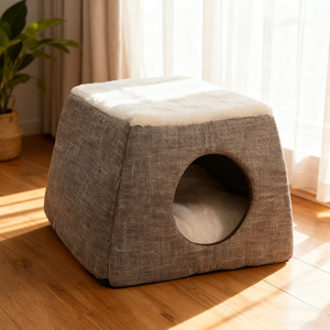 Cat House Striped Fabric Foldable Enclosed Pet <b>Bed</b> For Cats All Season Warm Indoor Use - Product Image 3