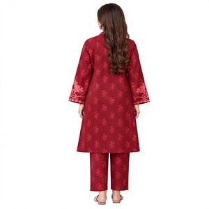 Women Clothing-Women's Red Floral Printed Cotton Salwar Kameez V Neck Long Sleeve Ethnic Daily Wear Mid-<b>Calf</b> <b>Length</b> Regular Fit - Product Image 2