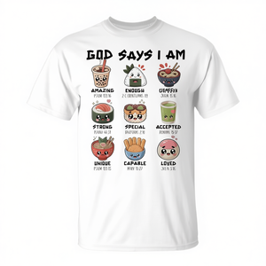 Camiseta cristiana con estampado de comida japonesa, sushi, ramen y matcha de God Says I Am - Product Image 2