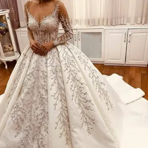 Dubai Arabic Ball Gown Dresses Women For Wedding Sequin Luxury Wedding Long Sleeve Dress Big Tail Muslim Bridal Wedding Dress