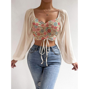 Nouvelle Blouse Femme Sexy et Tendance en Chiffon à Col en V avec Cordon de Serrage et Manches Lanterne Ajustées pour l'Été - Product Image 1