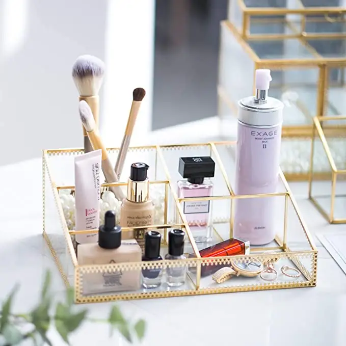 PS Acrylic Makeup Organizer Mỹ Phẩm Vàng Cạnh Rim Organizer Countertop Vanity Đứng Giá Trang Sức Lưu Trữ Box Son Môi Chủ