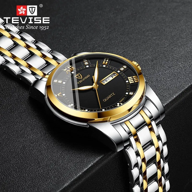 TEVISE T9005S montre présidentielle à quartz doré pour hommes bracelet en acier excel résistant à l'eau affichage de la date ultra mince montre de loisir à main