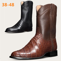 Bottes de cowboy vintage pour homme en cuir PU, motif crocodile de luxe, style western, mi-mollet, taille 48, pour affaires et équitation