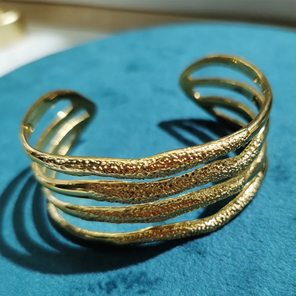 Declaração de moda Geométrica Larga 3 Multi-Camada Bangle Bracelet Cuff para As Mulheres Aberto 14K Ouro de Aço Inoxidável