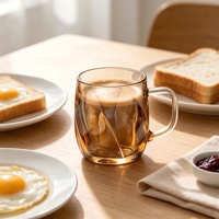 Mug en verre ambré teinté de 270 ml avec poignée, motif géométrique facetté pour café, thé, eau, boissons