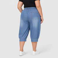 Pantalon Capri en jean bleu clair pour femme grande taille, taille élastique, ourlet retroussé, coupe ample, taille US